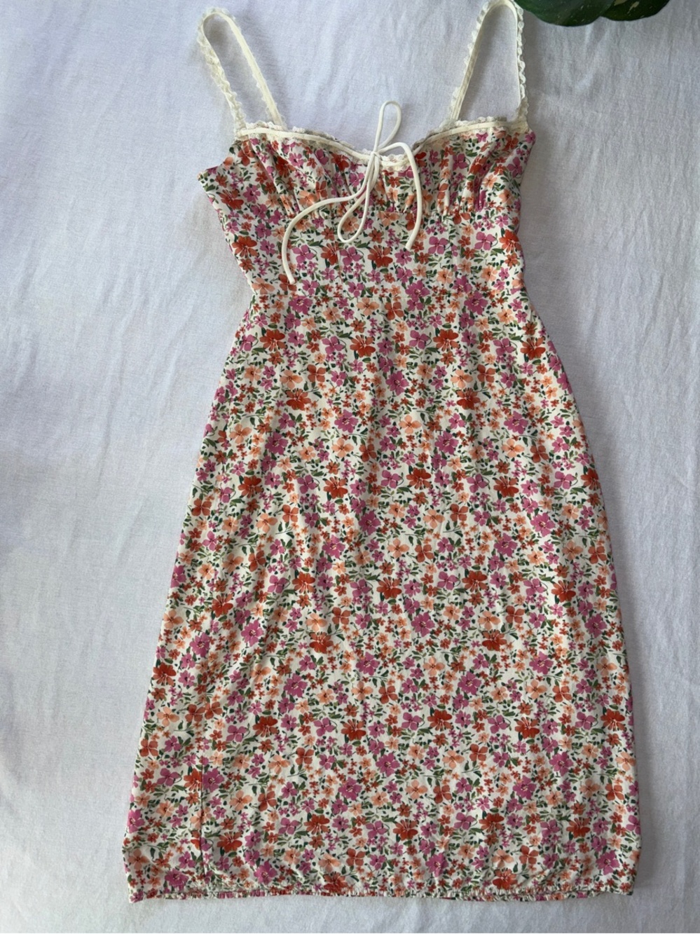 Floral Tie-Front Midi Dress in Cream with Pink & Orange Print